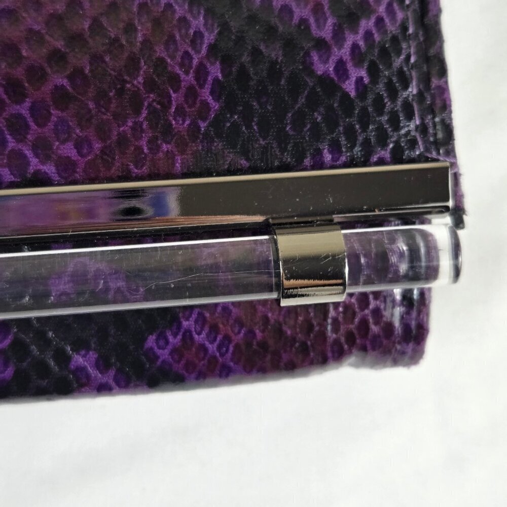 White House Black Market Purple Black Snakeskin Print Clutch Removable Chain - Picture 2 of 15
